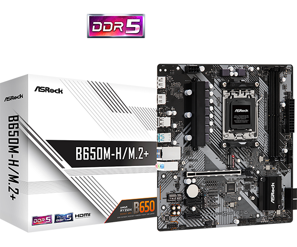 Placa de baza asrock b650m-h/m.2+, 2x ddr5, amd b650, 1x hdmi 1x dp, 1x pcie x16 2x pcie x1, 1x m.2