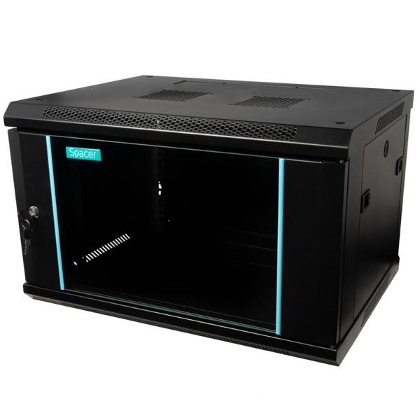 Cabinet 19″ spacer 6u 600x450mm, fixare pe perete, flatpack (dezasamblat), black, usa sticla cu blocare, panouri detasabile, otel 1.5mm, sarcina maxima 60kg