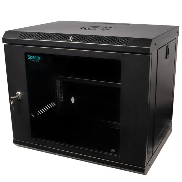 Cabinet 19″ spacer 9u 500x450mm, fixare pe perete, flatpack (dezasamblat), black, usa sticla cu blocare, panouri detasabile, otel 1mm, sarcina maxima 25kg
