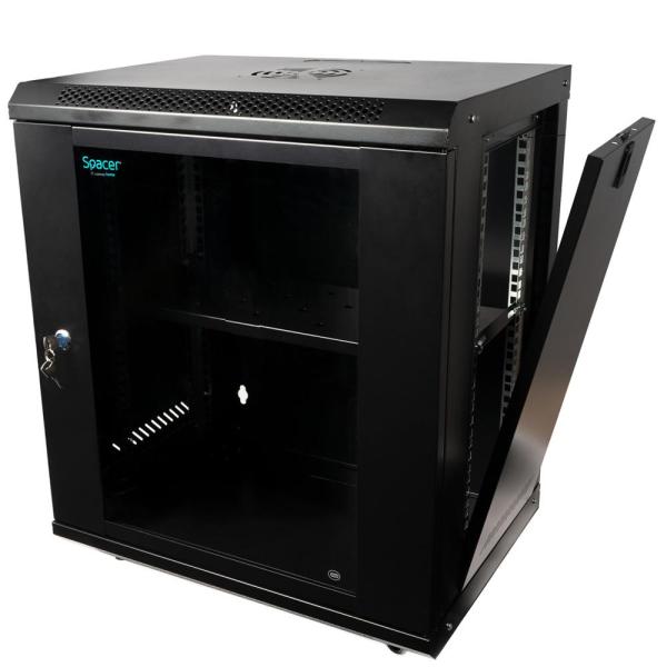 Cabinet 19″ spacer 12u 500x400mm, fixare pe perete, flatpack (dezasamblat), black, usa sticla cu blocare, panouri detasabile, otel 1mm, sarcina maxima 25kg