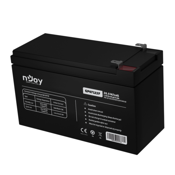 Acumulator njoy gp07122f 12v 23.51w/cell  battery model gp07122f voltage 12v power (1,65v/cell@15 min) 23.51w/cell type vrla - maintanance free designed floating life 3~5 years nominal operating temp. range 25o c ± 3o c terminal f2 terminal -faston tab 25