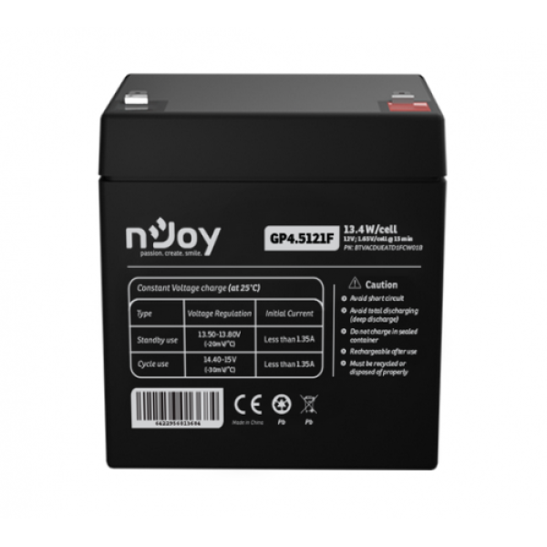 Acumulator njoy gp4.5121f 12v capacitate 14,95w/cell evaluat la 1.65v/cell @ 15 min, tensiune 12v, tip vrla, caracteristici sigilata complet si fara intretinere, peste 260 de cicluri la 100% dod, utilizare standard 3-5 ani, auto-descarcare redusa, conecto