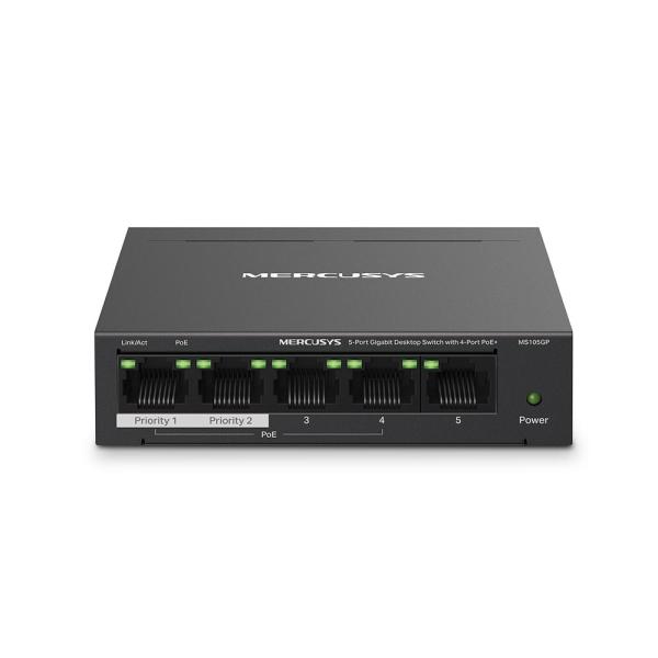 Mercusys desktop switch 5port ms105gp poe, interfata: 5 x 5× 10/100/1000 mbps rj45 ports, 4 x poe, poe power budget: 65 w, standarde si protocoale: ieee 802.3x flow control, dimensiuni: 99.8*98*25mm,