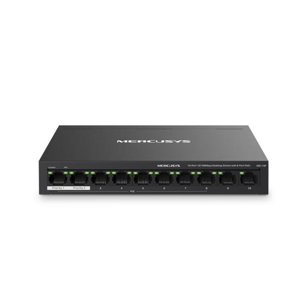 Mercusys desktop switch 10port ms110p poe, interfata:  10× 10/100 mbps, standarde si protocoale:  ieee 802.3x flow control, dimensiuni:  171*98* 27 mm, porturi poe: 1-8, buget poe: 65w.
