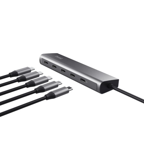 Hub trust halyx, 5 porturi usb-c 3.2 gen 1: 1 usb-c 100w pd port / 4 usb-c data ports, usb pd 3.0, gri