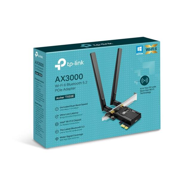 Tp-link adaptor pcle wi-fi 6 ax3000 wi-fi 6 cu bluetooth 5.2 archer tx55e, 2× antene dual-band high-gain, standarde wireless: ieee 802.11ax/ac/n/a 5 ghz ieee 802.11ax/n/g/b 2.4 ghz, bluetooth 5.2/5.0/4.2/4.0, viteza wireless: 5 ghz-up to 2402 mbps, 2.4ghz