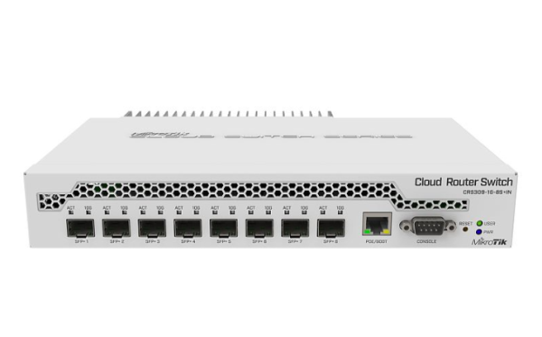 Mikrotik ethernet sw 8p sfp+, crs309-1g-8s+in, procesor: 98dx8208 dual core, 800 mhz, dimensiuni:  141 x 115 x 28 mm, routeros / switchos, memorie: 512mb ram, stocare: 16mb flash, poe in: 802.3af/at, interfata: 8 x 10/100/1000 sfp+, port consolă: rs-232, 