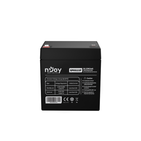 Acumulator njoy gp05122f  12v 23.51w/cell  battery model gp07122f voltage 12v power (1,65v/cell@15 min) 23.51w/cell type vrla - maintanance free designed floating life 3~5 years nominal operating temp. range 25o c ± 3o c terminal f2 terminal -faston tab 2