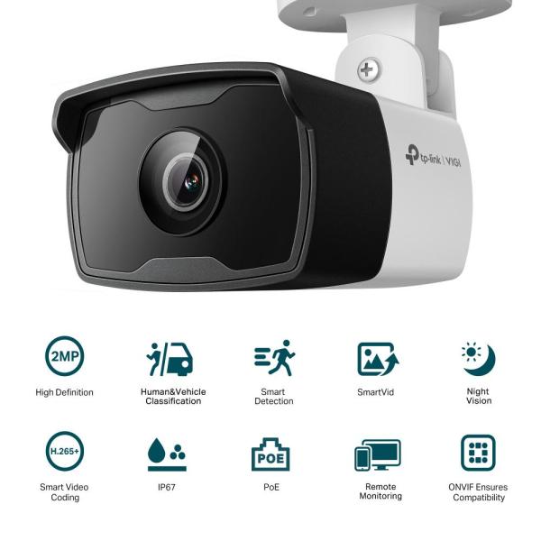"tp-link camera ir de supraveghere bullet pentru exterior vigic320i(4mm), senzor imagine: cmos 1/3"", lentila 2.8mm, f2.2,weatherproof: ip67, infrarosu: 30m, unghi vizualizare:diagonal fov: 106.5°, ,, rezolutie maxima: 2 mpx, 1920 × 1080, dimensiuni:174 ×