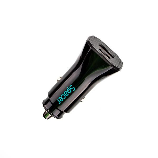 Incarcator auto spacer fast charge 12w, 5v/2.4a max, putere 12w, 1 x usb + 1 x usb type-c, pt. bricheta auto, negru