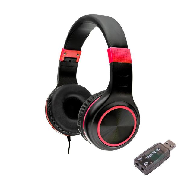 Casti spacer, cu fir, standard, utilizare multimedia, microfon pe fir, pliabile, banda ajustabila, conectare prin adaptor usb 2.0 sau jack 3.5 mm x 2, rosu&negru
