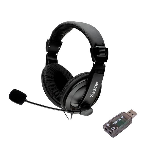 Casti spacer, cu fir, standard, utilizare multimedia, microfon pe brat, conectare prin adaptor usb 2.0 sau jack 3.5 mm x 2, negru