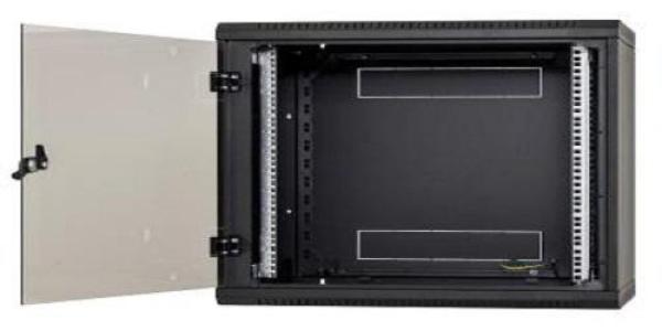 Rack de perete triton sectiune simpla 12u 500mm adancime usa sticla panouri laterale fixe sectiuni ventilatie activa, sectiuni acces cabluri sus/jos/spate securizare cu cheie, 1 pereche montanti reglabili ip30 negru