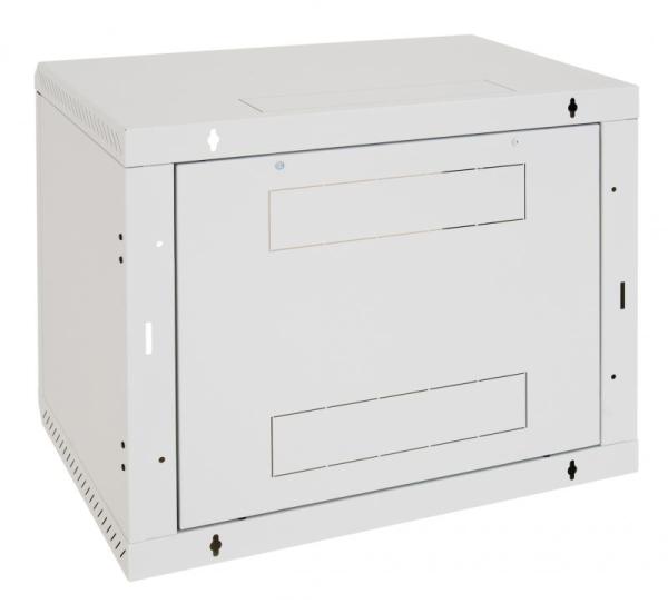Rack de perete triton seciune simpla 4u 600mm adancime usa sticla panouri laterale fixe sectiuni ventilatie activa, sectiuni acces cabluri sus/jos/spate securizare cu cheie, 1 pereche montanti reglabili ip30 gri