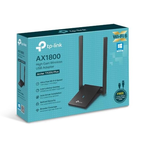 Tp-link archer tx20u adaptor usb wireless ax1800 cu două antene high- gain, dimesnsiuni; 84 × 156.3 × 19.2 mm, standarde wireless: ieee 802.11a/b/g/n/ac/ax, rada semnal: 2.4 ghz: 574mbps, 5 ghz: 1201mbps, securitate wireless: wep, wpa/wpa2/wpa3, wpa-psk/w