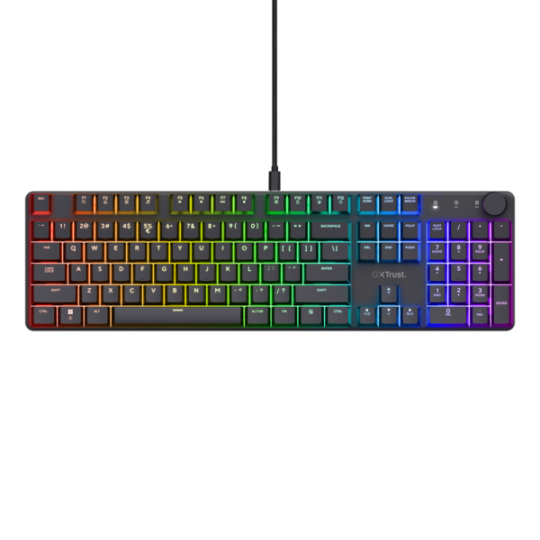 Tastatura mecanica trust gxt 866 torix cu fir, swtich linear, 104 butoane, full rgb, butoane programabile, tipuri de jocuri fps, mmo, moba, rpg, rts, negru