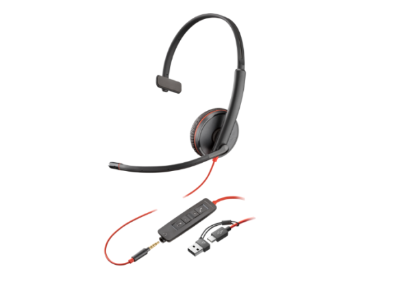 Poly blackwire 3215 monaural usb-c headset +3.5mm plug +usb-c/a adapter