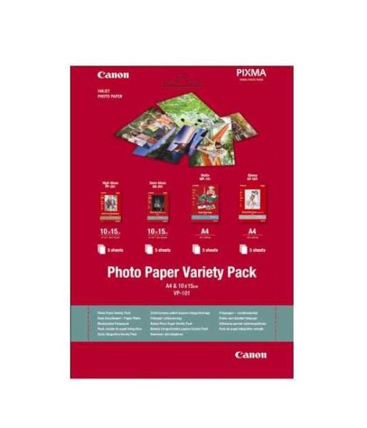 Hartie foto canon vp-101s variety pack, dimensiune 10x15cm, greutate 200g/m2, 20 coli, 5 high gloss, 5 semi gloss, 5 matte, 5 glossy.