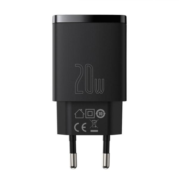 Incarcator retea baseus compact, quick charge 20w, 1 x usb type-c 5v/3a max, 1 x usb 5v/3a, negru