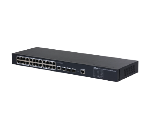 Dahua 28 port managed gb switch sg4028, interfata:port 1-26: 26 × rj45 10/100/1000mbps, port 27-28: 2 × sfp 1000mbps, 1 x console, switching capacity: 56 gbps, dimensiuni: 440 mm × 163.85 mm × 43.65 mm, greutate: 1.57 kg,