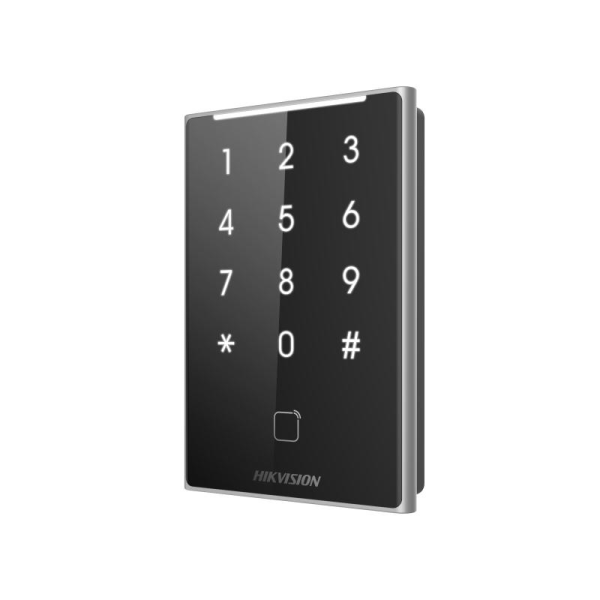 Cititor de proximitate cu tastatura hikvision ds-k1109dkb, desfire card, felica card and m1 card, rs-485 and wiegand (w26, w34), alimentare: 12 vdc, protectie: ip65, dimensiunii: 125 mm × 84.5 mm × 18 mm, montare aparenta.