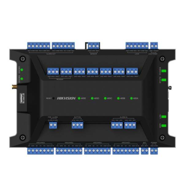 Centrala control acces hikvision ds-k2702wx-e1(p), 10/100/1000 mbps, wi- fi, interfete: 1x network, 2x lock control, 2x exit button, 2x door contact input, 4x alarm input, 4x alarm output, 1x tamper, 7x rs-485, 4x wiegand(w26, w34), 1x usb, 1x poe, 1x fir