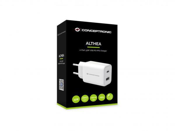 Conceptronic althea11w 2-port 33w pps usb pd charger, usb-a x 1, usb-c x 1, qc 3.0, 40.2 x 65.7 x 30 mm