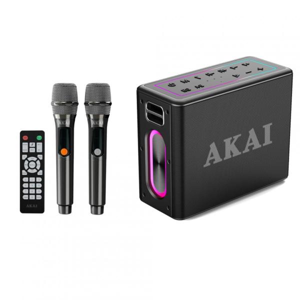 Boxa portabila akai cu 2 micfrofoane wireless-ipx6-80w, bluetooth 5.3, puterea de emisie a canalului bluetooth 2dbm, tensiune baterie 11.1v, 4000 mah, tip baterie litiu ion, putere rms 80w, cu intrare aux, intrare chitară/microfon, frecvența microfonului 