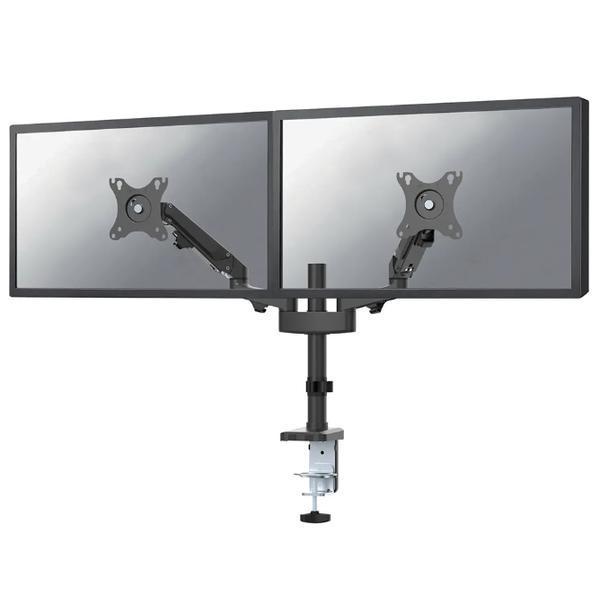 Brat de birou pentru monitor neomounts, poate sustine 2 monitoare cu diagonala display 17-27", suporta pana la 14kg per monitor, full motion, +45°, -45° inclinatie, +90°, -90° swivel, +180°, -180° rotatie,  vesa min 75x75, vesa max 100x100, reglabil pe in