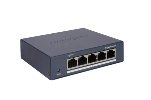 Switch hikvision ds-3e0505-o: 5 × gigabit rj45 ports, 10 gbps, 1000m network access, alimentare: 5vdc, 0.6a, dimensiuni: 105.00 mm × 27.60 mm × 83.10 mm, greutate: 0.17kg, montare pe birou sau pe perete.