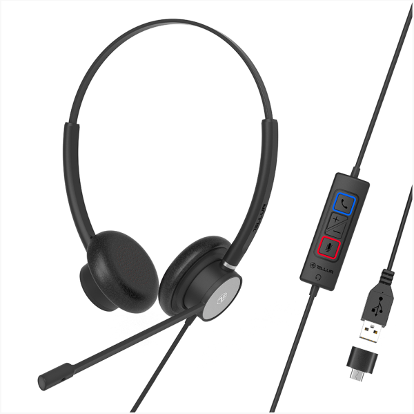 Casti cu fir call center tellur voice 320, binaural, usb, negru