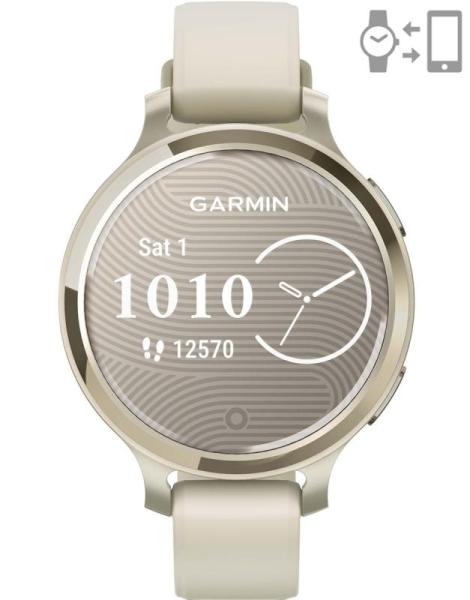 Ceas garmin lily 2, display amoled, dimensiune afisaj 25,4 mm x 21,3 mm, rezolutie afisaj 240 x 201 pixeli, memorie 8gb, autonomie pana la 9 zile, rezistanta la apa pana la 5 atm, greutate: 24,4g, ramă mlunar glod şi curea bone din silicon