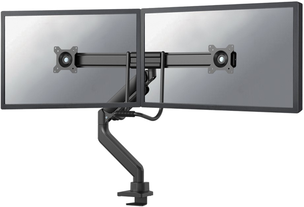 Brat dublu pentru monitor neomounts, tip full motion, pentru display-uri cu diagonale 17"-32", sistem de prindere vesa 75x75~100x100mm, greutate maxima suportata 8kg per ecran, tilt  +10°, -10°, swivel +90°, -90°, rotate +180°, -180°, reglabil pe inaltime