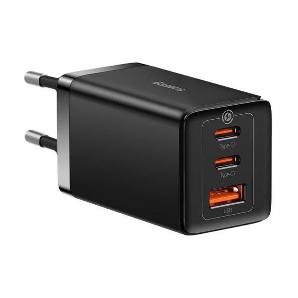 Incarcator retea baseus gan5 pro, quick charge 65w, 2 porturi usb pd, 1 port usb quick charge, include cablu usb -c la usb-c de 100w, lungime 1m, negru