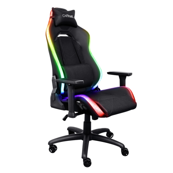 Scaun gaming trust gxt 719 ruya, iluminare rgb, 5 roti, ridicare pe gaz clasa 4, adjustabil pe inaltime, material piele pu si plastic, greutate maxima suportata 150 kg, negru