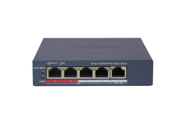 Switch poe hikvision ds-3e1105p-ei/m(v2), 4 × 10/100 mbps poe port,1 × 10/100 mbps rj45 port, total poe power budget 45w, support 802.1q vlan, capacitate: 1.2 gbps, alimentare: 54vdc, 0.92a, dimensiuni: 121.1 mm × 27.6 mm × 83.1 mm, greutate: 0.26kg.