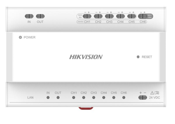 Two wire distributor 2-wire ip distributor 6-port 2-wire cascade interfaces without device power supply 2 cascade interfaces for ds-kad704y, ds-kad706y & ds-kad706y-s series 8 interface indicators, 1 rj-45 interface, 1 reset button din rail mounting, 24 v