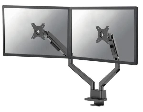 Brat dublu pentru monitor neomounts, tip full motion, pentru display-uri cu diagonale 17"-32", sistem de prindere vesa 75x75~100x100mm, greutate maxima suportata 9 kg per ecran, tilt +45°, -45°, swivel +90°, -90°, rotate +180°, -180°, reglabil pe inaltime