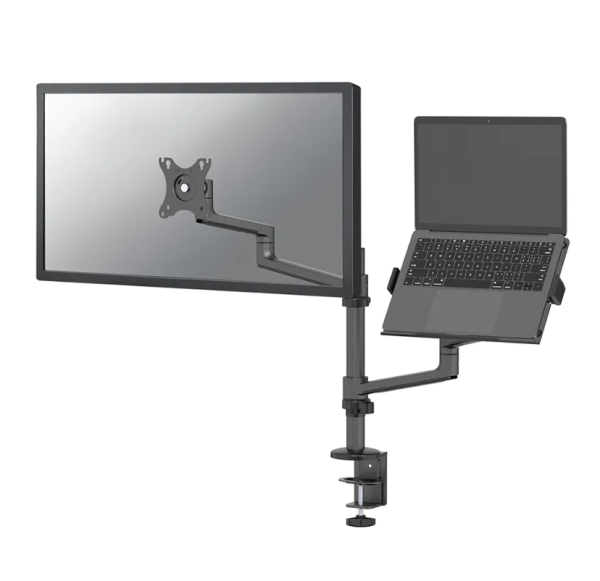 Suport dublu laptop de birou neomounts ds20-425bl2; pentru display-uri cu diagonale 17"-27", sistem de prindere vesa 75x75~100x100, greutate maxima suportata 8kg, tilt +90°, -30°, swivel 90°, rotate 360°, distanta fata de perete 162-494mm; inaltime reglab