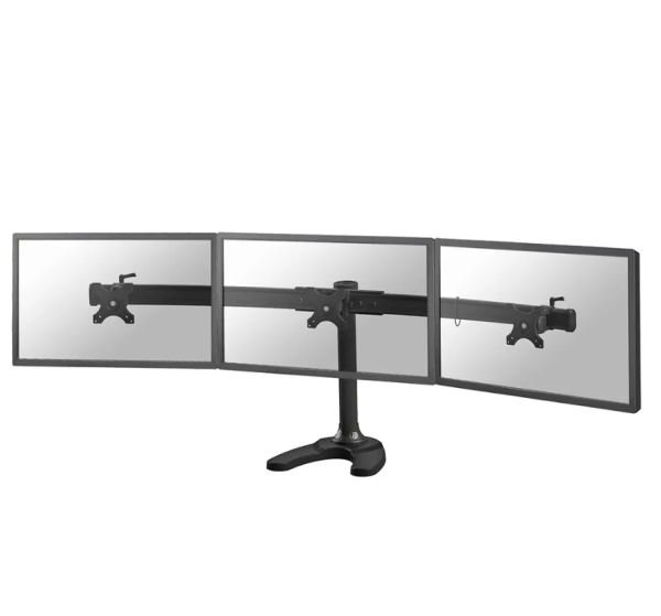 Suport triplu monitor de birou neomounts fpma-d700dd3; pentru display- uri cu diagonale 10"-27", sistem de prindere vesa 75x75~100x100, greutate maxima suportata 8kg - per ecran, swivel +45°, rotate +360°; inaltime reglabila manual 340-450mm; culoare negr