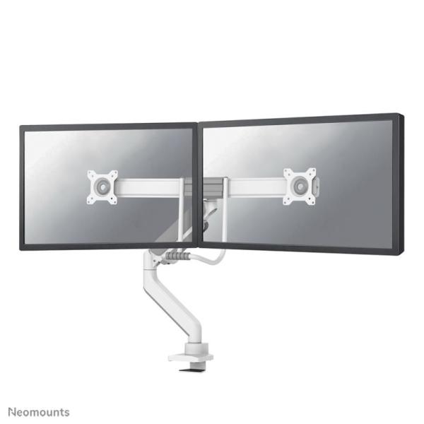 Brat dublu monitor neomounts ds75-450wh2; pentru display-uri cu diagonale 17"-32", sistem de prindere vesa 75x75~100x100, greutate maxima suportata 8 - per ecrankg, full motion, tilt 10°, swivel 90°, rotate 180°; gas spring; culoare alb. garantie 5 ani