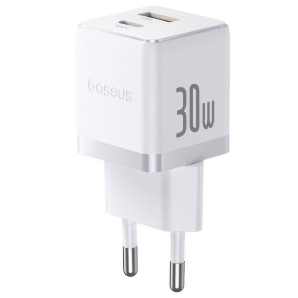 Incarcator retea baseus palm, quick charge 30w, 1 x usb, 1 x usb type-c5v/3.0a, include cablu usb type-c la usb type-c 1m, alb
