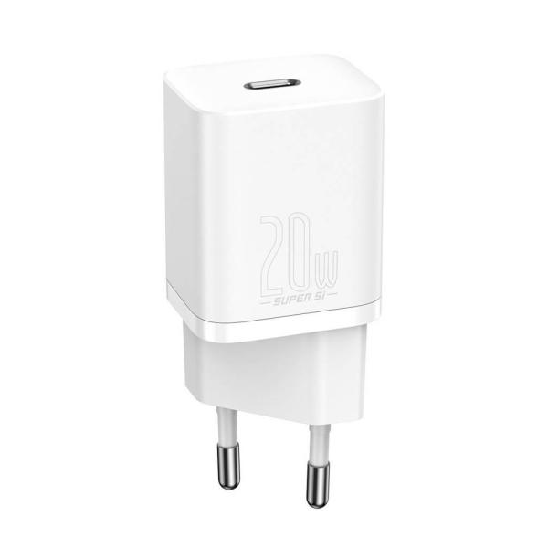 Incarcator retea baseus super si, quick charge 20w, 1 x usb type-c 5v/3amax, include cablu usb type-c la lightning iphone 1m, alb