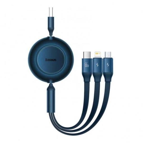 Cablu alimentare si date baseus bright mirror one-for-three retractable, pt smartphone, usb type-c la micro-usb+lightning+usb type-c66w,1.1m ,[spatiu] albastru