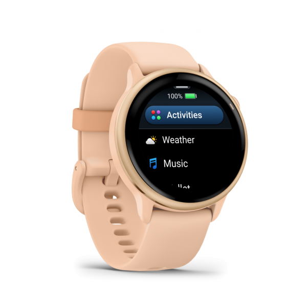 Ceas garmin vívoactive 6 display amoled, dimensiune afisaj 30.4 mm, rezolutie afisaj  390 x 390 pixeli, memorie 8gb, autonomie până la 11 zile (5 zile cu afişajul permanent pornit) rezistanta la apa pana la 5 atm, greutate: 23g, ramă pink dawn cu curea bo