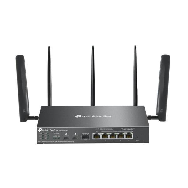 Omada 4g+ cat6 ax3000 gigabit vpn gateway with 4-port poe+ port: 1× gigabit sfp wan/lan port, 1× gigabit rj45 wan port, 4× gigabit wan/lan rj45 ports, 2 nano sim slot (4g+ cat6) spec: 802.3 at/af, 4 ports with 45w poe power, desktop & wall-mount steel cas