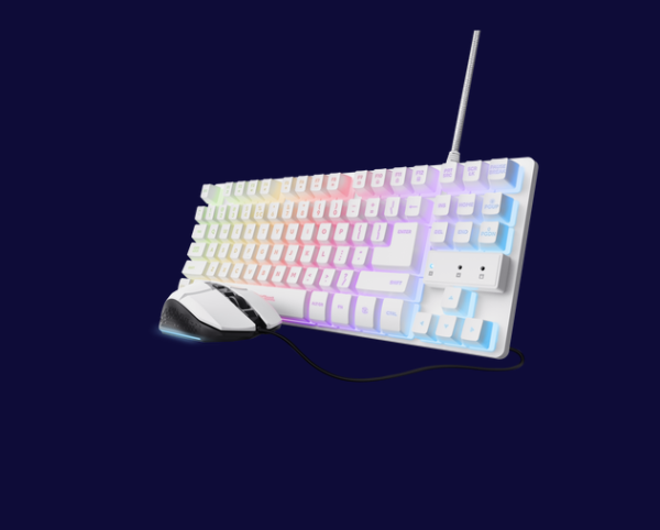 Kit trust wireless gxt 798w 2-in-1, tastatura mecanica, interfata usb, material abs, mouse optic, rezolutie maxima 6400 dpi, 6 butoane, alb