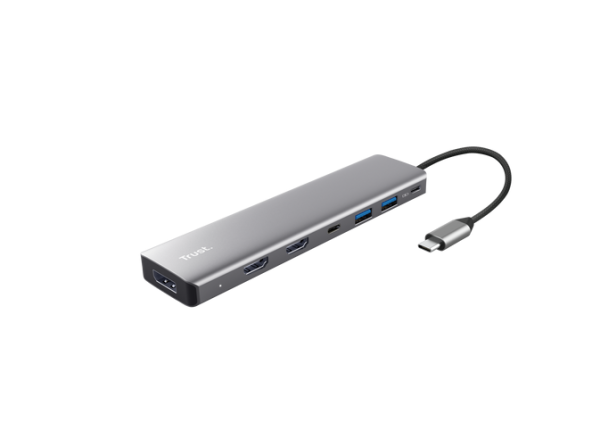 Adaptor trust dalyx 7-in-1, 2 porturi interfata usb-a 3.2 gen 1, 1 port usb-c, 2 porturi hdmi, 1 display port, 1 charging port usb-c 100w, led indicator oprit/pornit, lungime cablu 16cm, gri