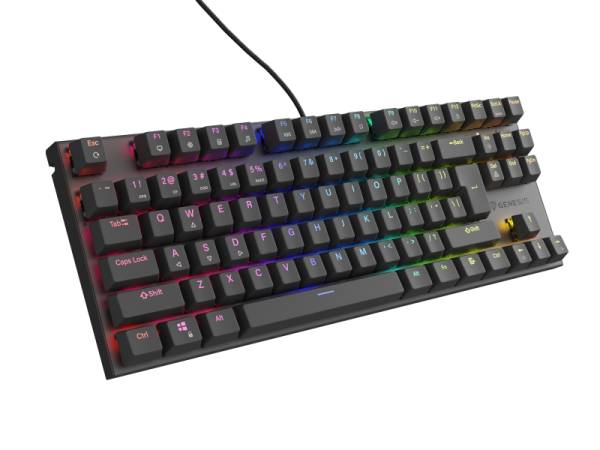 Tastatura gaming mecanica cu fir genesis thor 303 tkl, iluminare rgb, swtich linear, switch model outemu red, numar taste 87, 11 butoane multimedia, lungime cablu 1.8m, dimensiuni 355 x 136 x 36 mm, negru