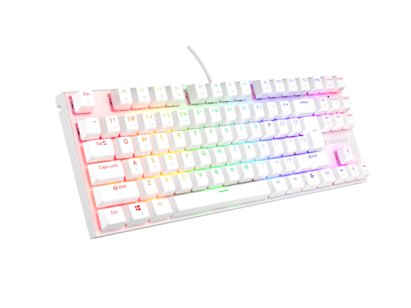 Tastatura gaming mecanica cu fir genesis thor 303 tkl, iluminare rgb, swtich linear, switch model outemu pitch silent, numar taste 87, 11 butoane multimedia, lungime cablu 1.8m, dimensiuni 355 x 136 x 36 mm ,alb